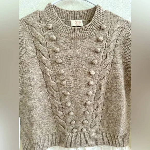 NEW Fate Tan Crew Neck Cable Knit Sweater Vest with Attached white Blouse - Picture 3 of 7